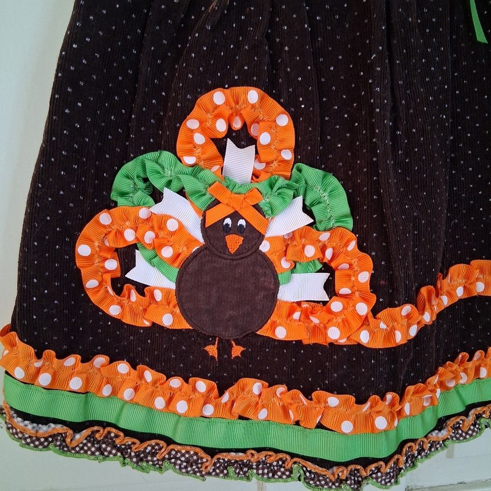 Bonnie Baby Corduroy Polka Dot Thanksgiving Jumper Dress w/Ribbon Embellishments - Picture 3 of 12